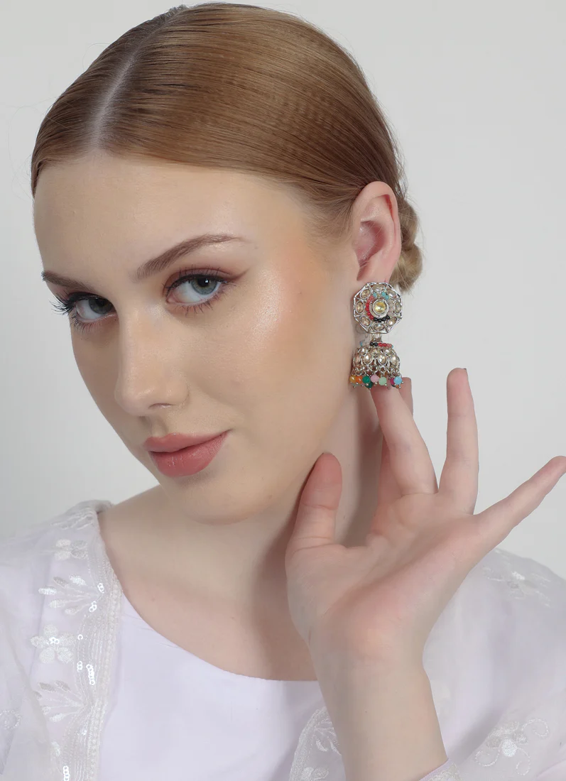 Multicolour AD Jumka Earrings with Beads & Diamante - Image 7
