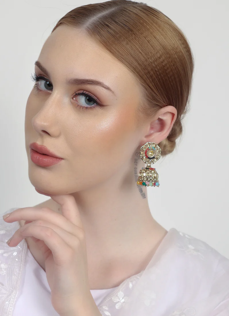 Multicolour AD Jumka Earrings with Beads & Diamante - Image 8