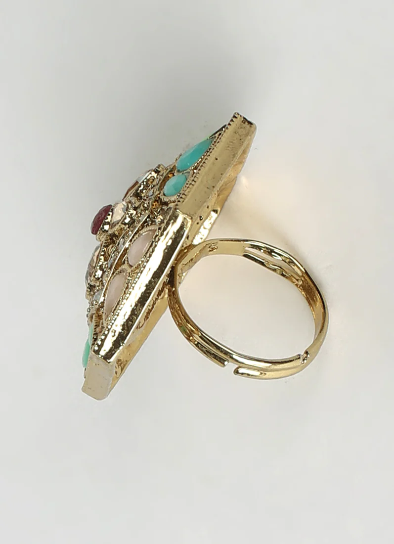 Stylish Multicolour Gold Plated Adjustable Finger Ring - Image 3