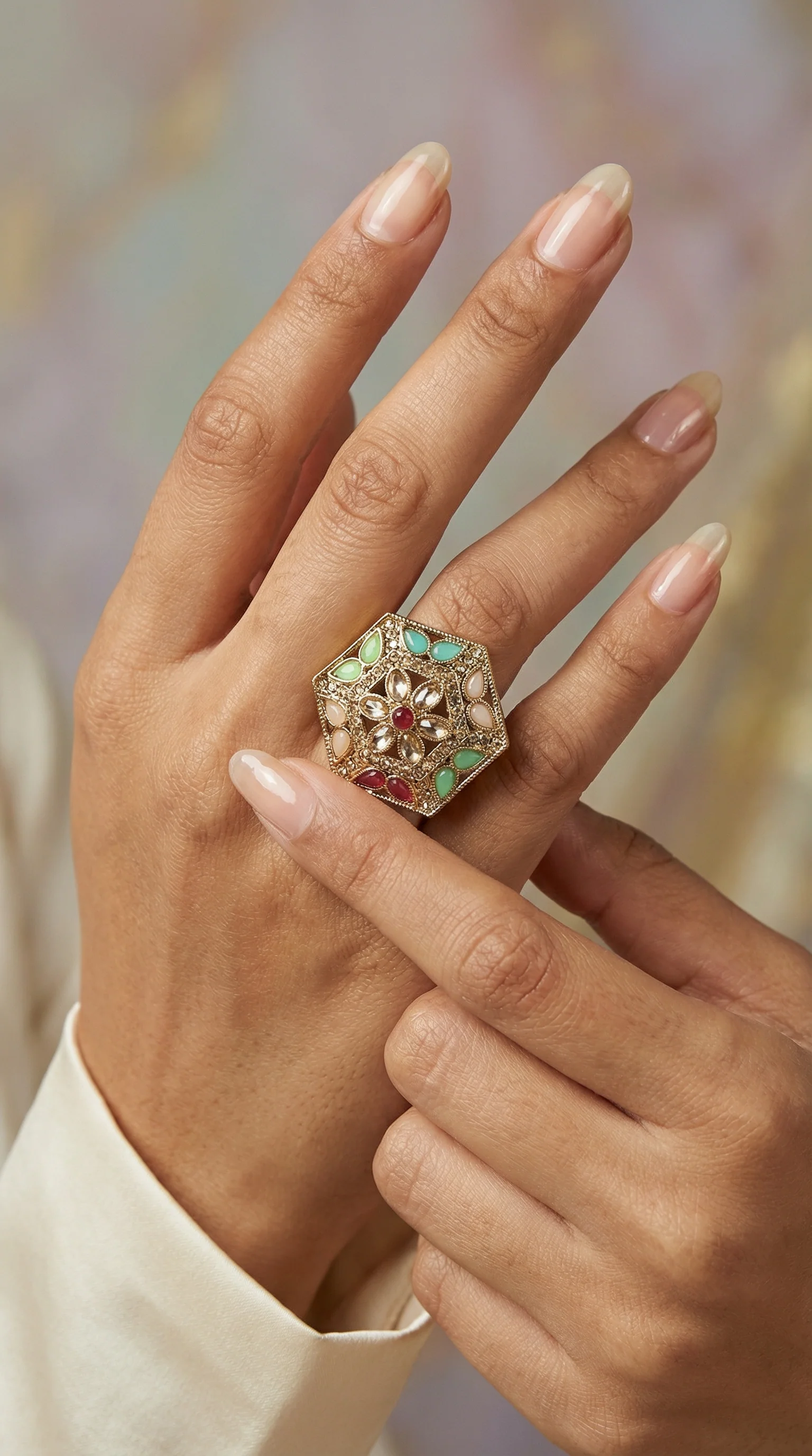 Stylish Multicolour Gold Plated Adjustable Finger Ring - Image 4