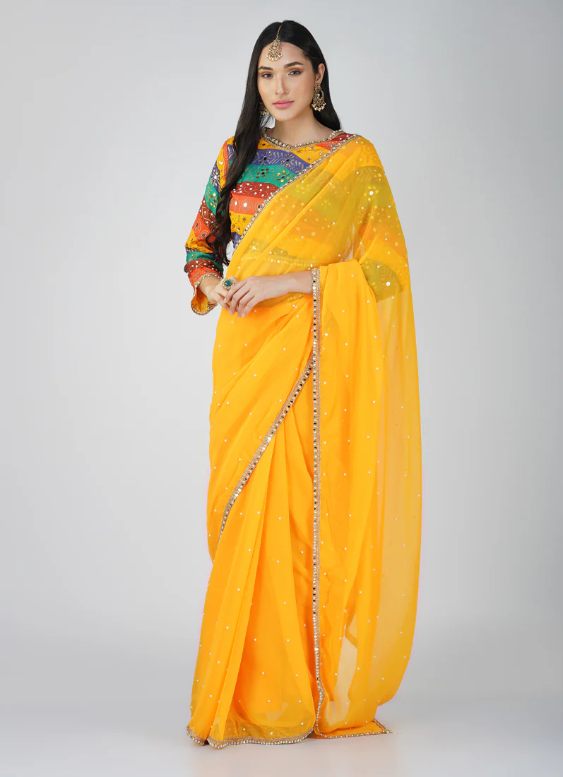 Mustard Georgette Multicolour Blouse Saree Set - Image 3