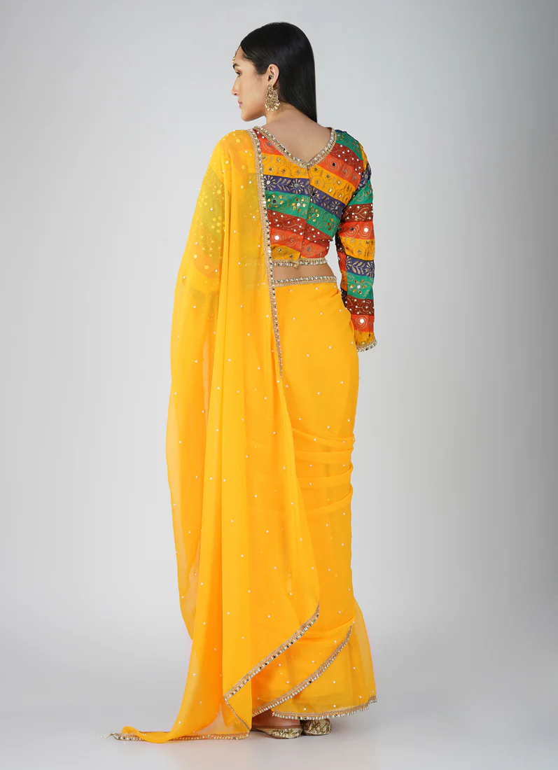 Mustard Georgette Multicolour Blouse Saree Set - Image 4