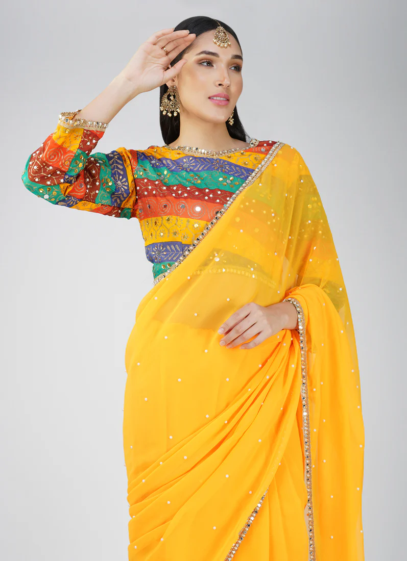 Mustard Georgette Multicolour Blouse Saree Set - Image 5
