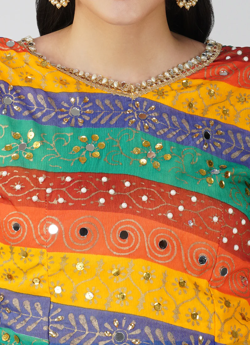 Mustard Georgette Multicolour Blouse Saree Set - Image 6