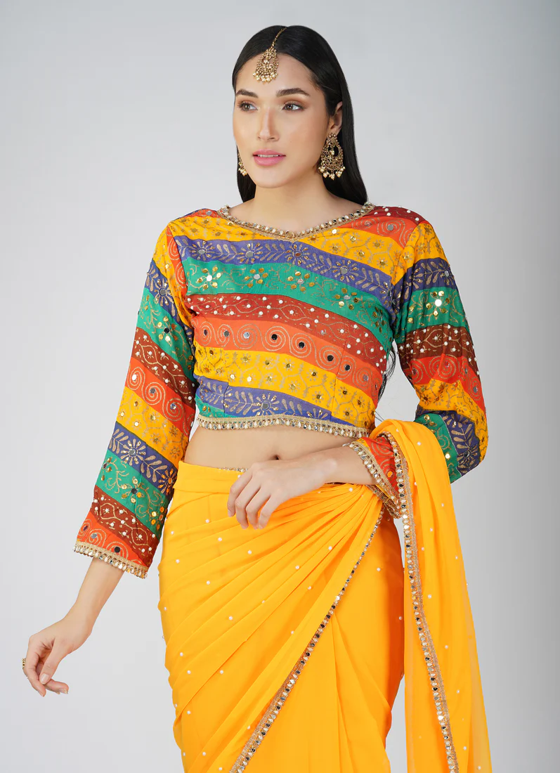 Mustard Georgette Multicolour Blouse Saree Set - Image 7
