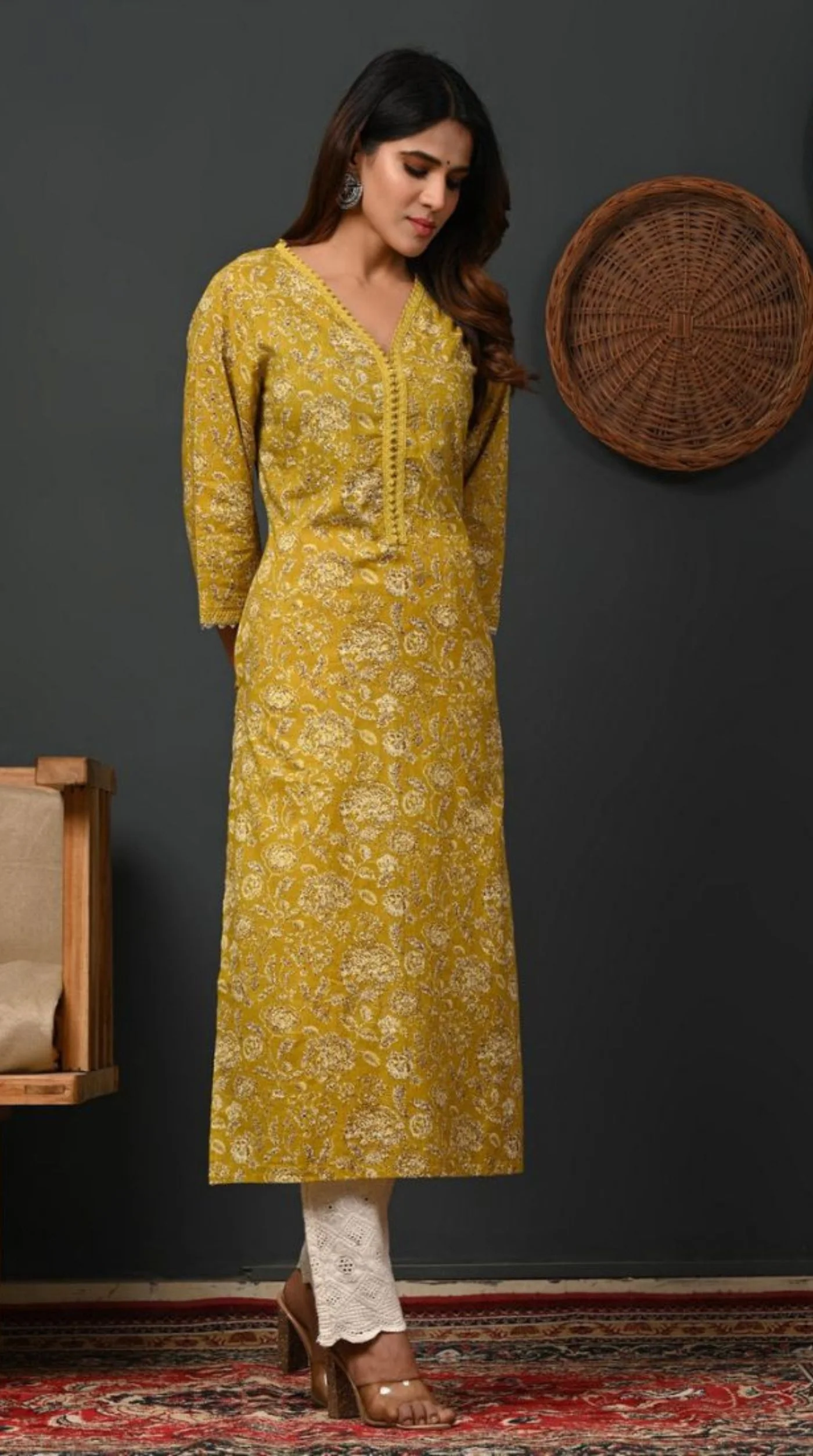 Mustard Printed Cotton Straight Cut Kurti - Image 2