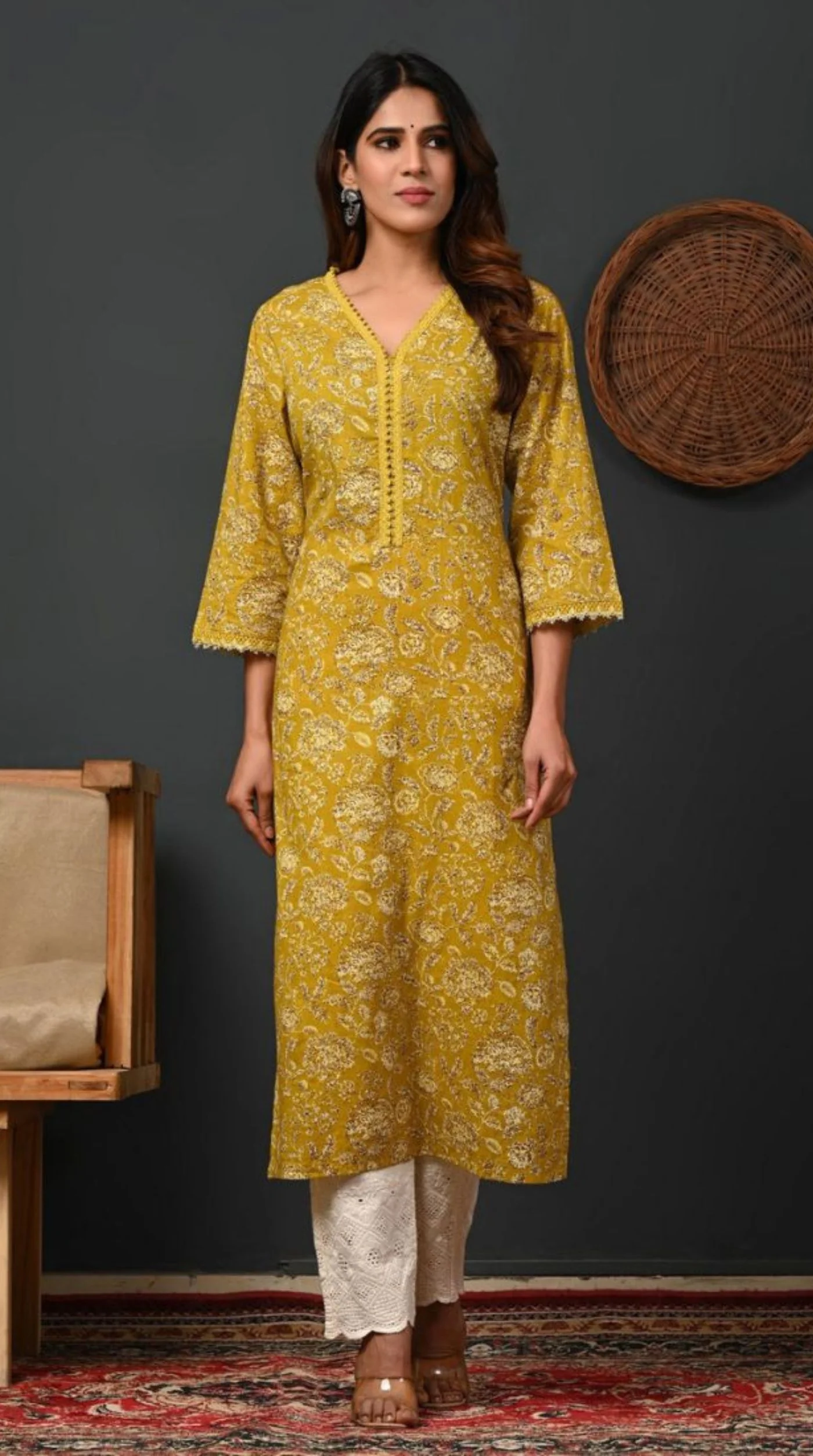 Mustard Printed Cotton Straight Cut Kurti - Image 3