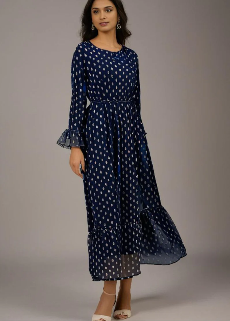 Navy Blue Chic Maxi Dress with Belt - Image 2