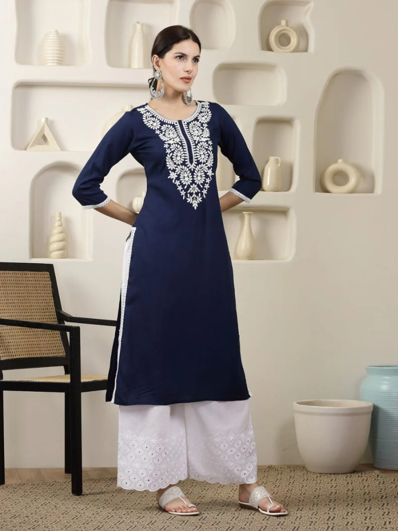 Navy Blue Chikankari Embroidered Kurta - Image 2