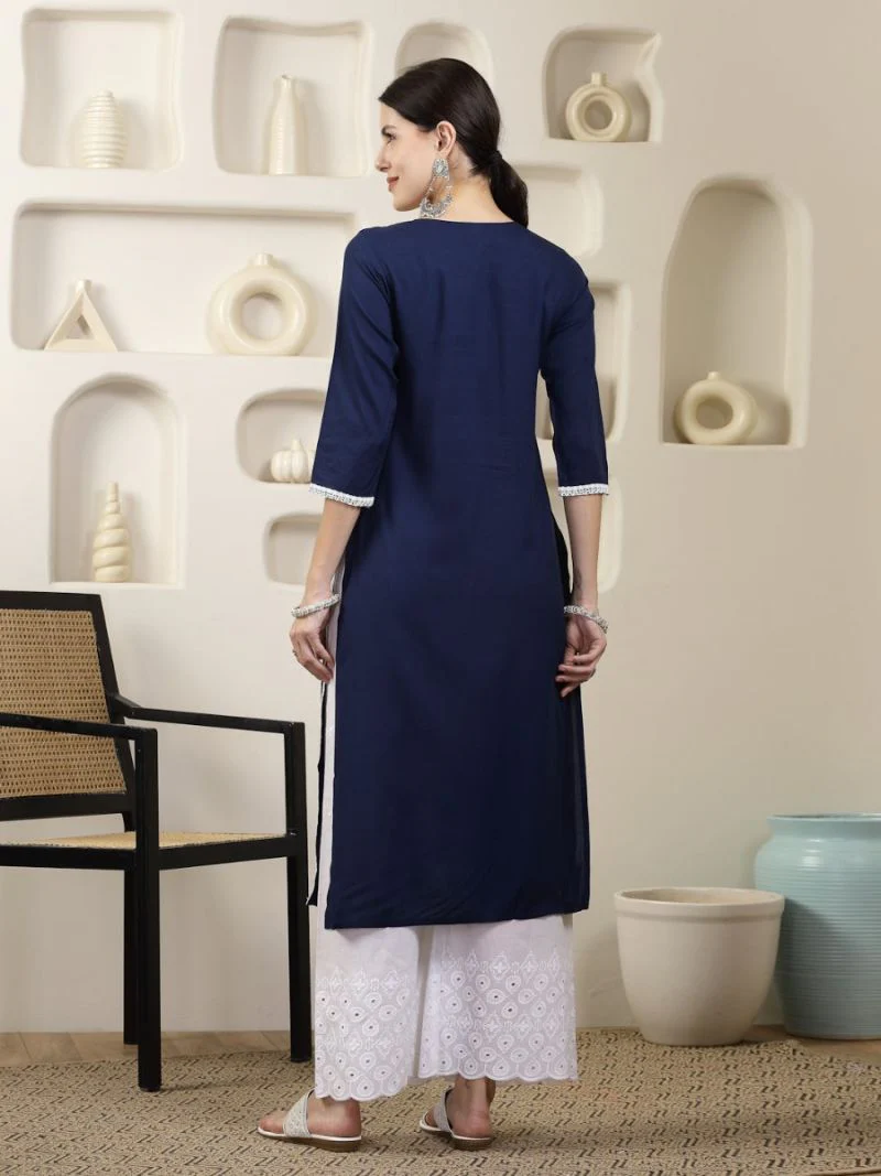 Navy Blue Chikankari Embroidered Kurta - Image 3