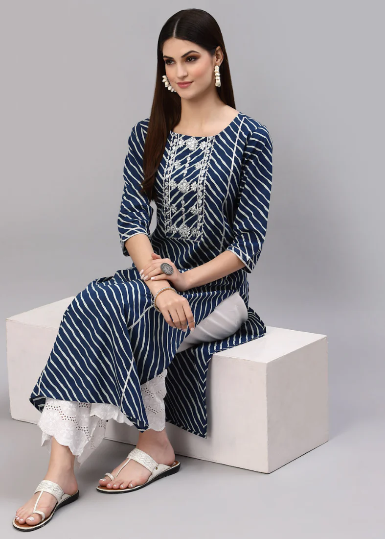Navy Blue Cotton Gotta Work Kurta - Image 2