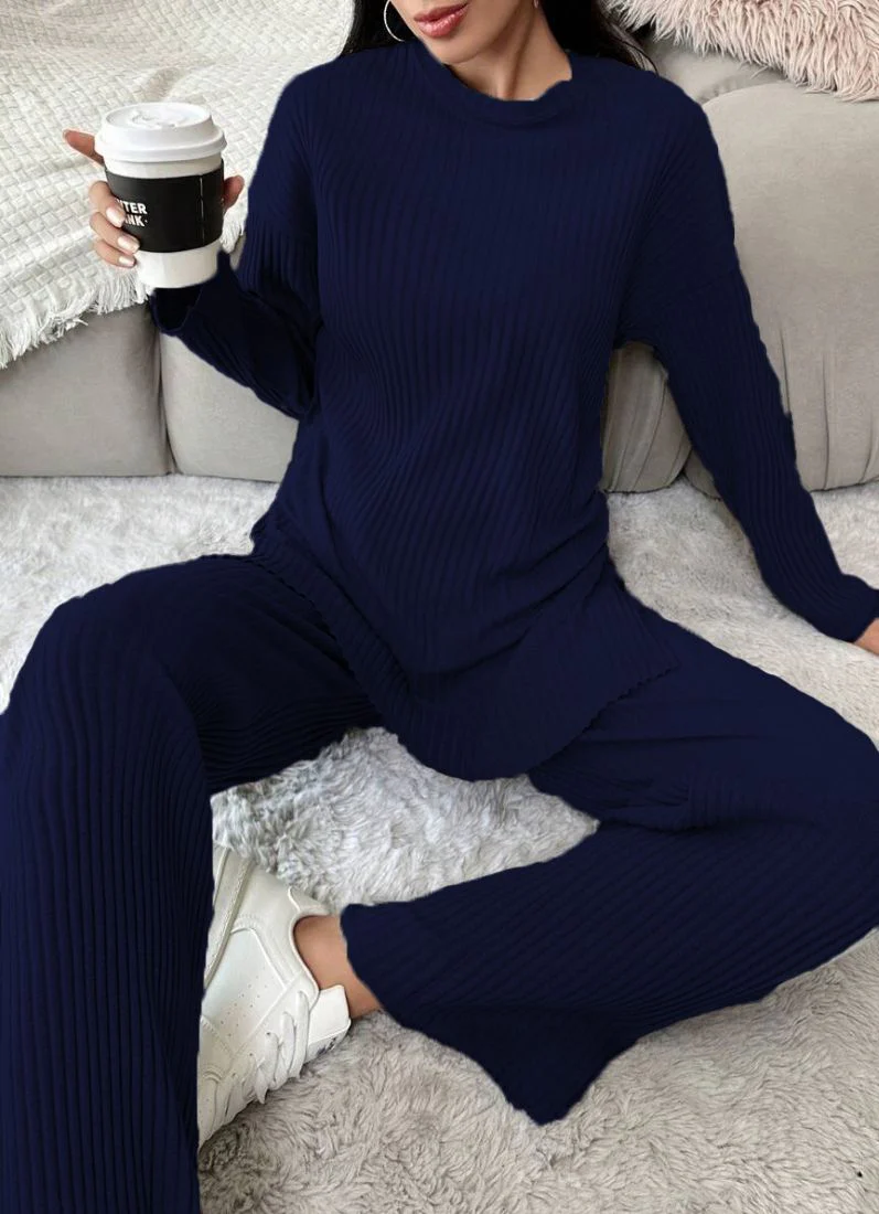 Navy Blue Cotton Ribbed Co-Ord Set - Image 4