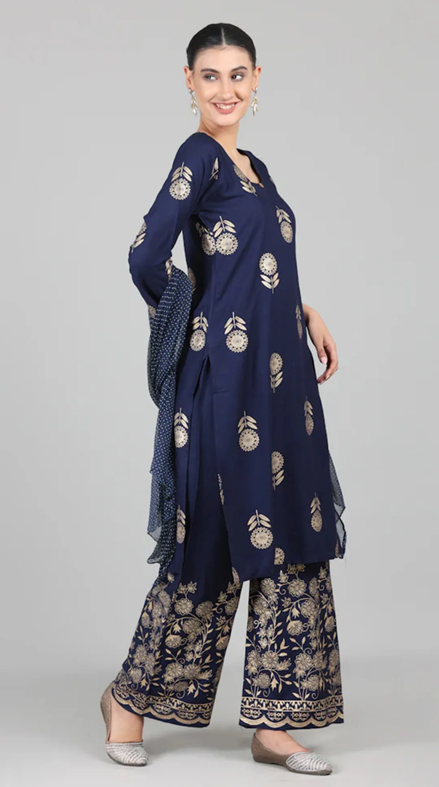 Navy Blue Foil Printed Suit Set - Image 3