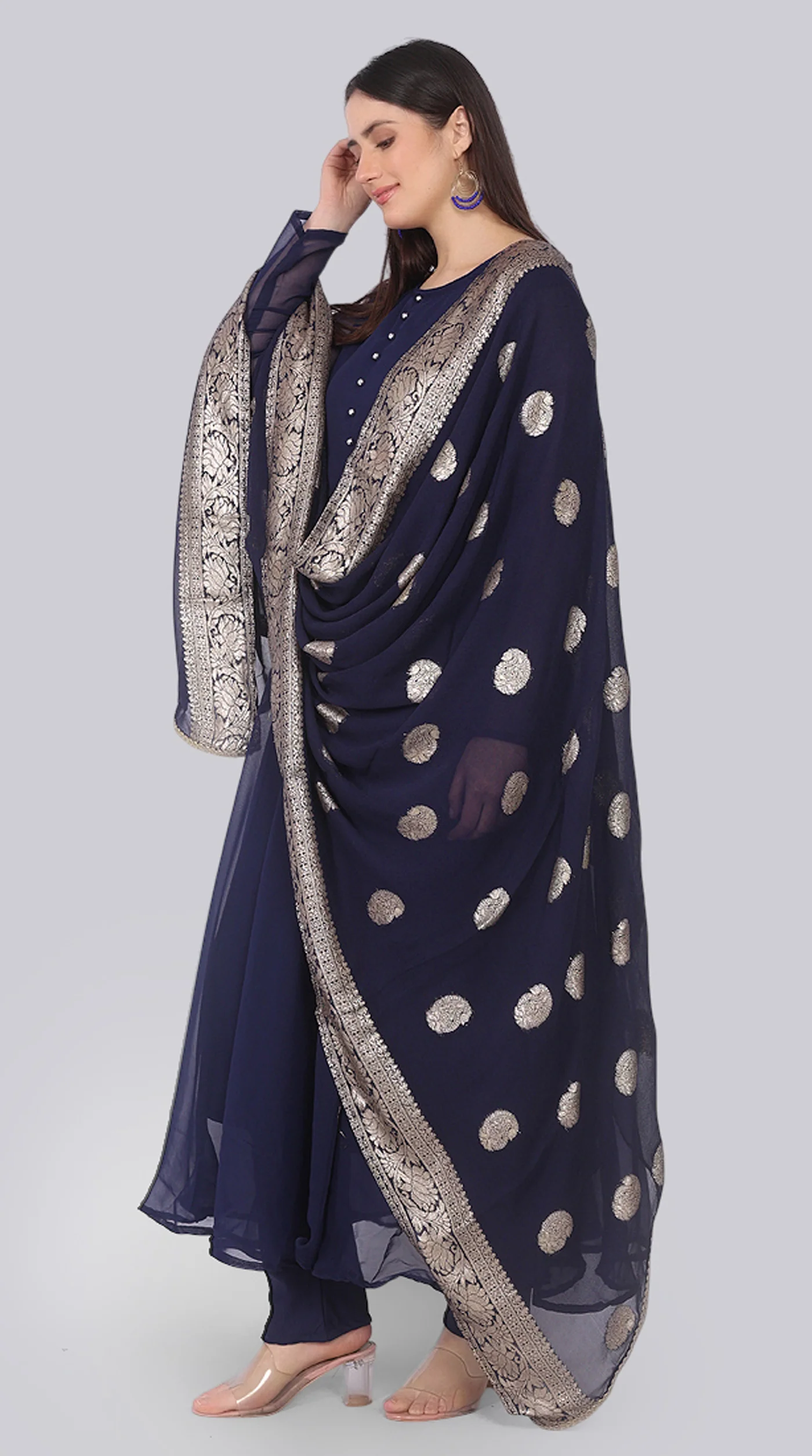 Navy Blue Georgette Bias Cut Suit Set - Image 2