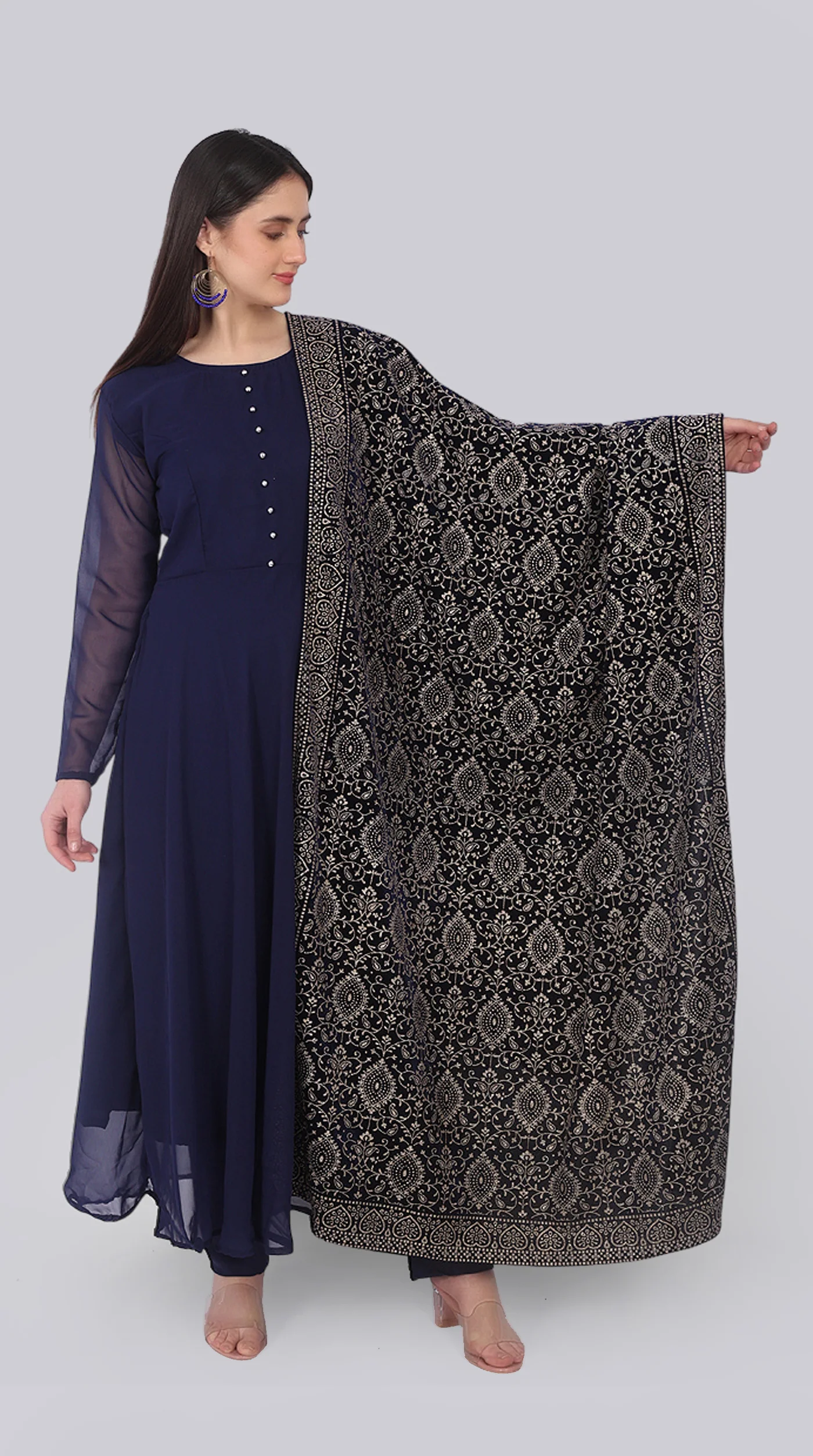 Navy Blue Georgette Bias-Cut Suit Set Velvet Dupatta - Image 2