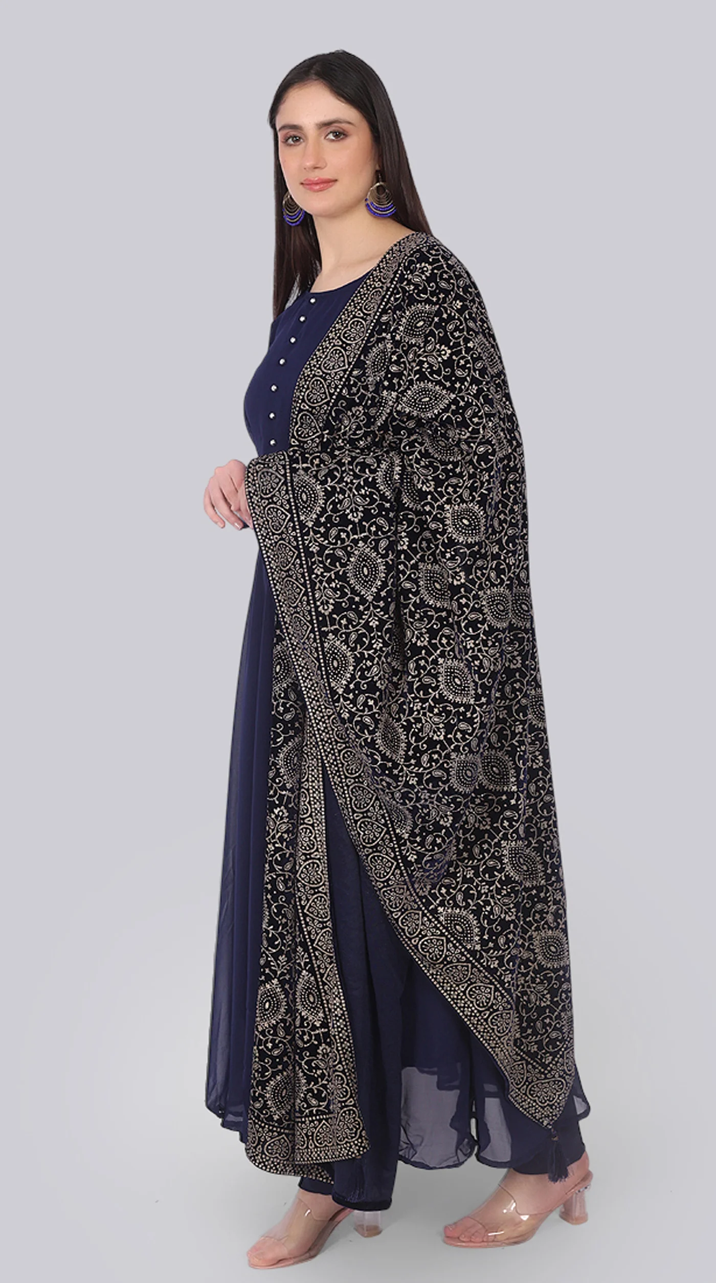 Navy Blue Georgette Bias-Cut Suit Set Velvet Dupatta - Image 3