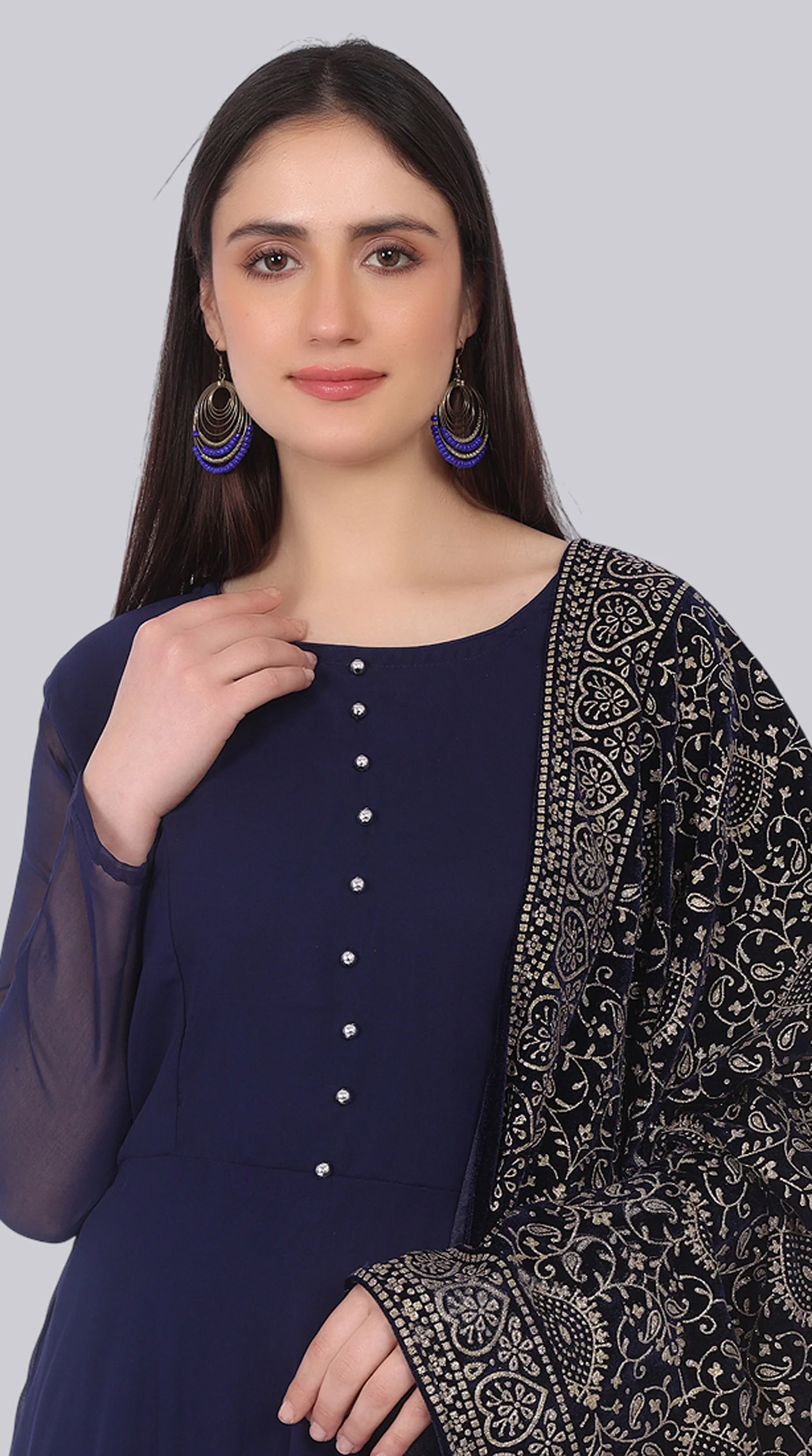 Navy Blue Georgette Bias-Cut Suit Set Velvet Dupatta - Image 5