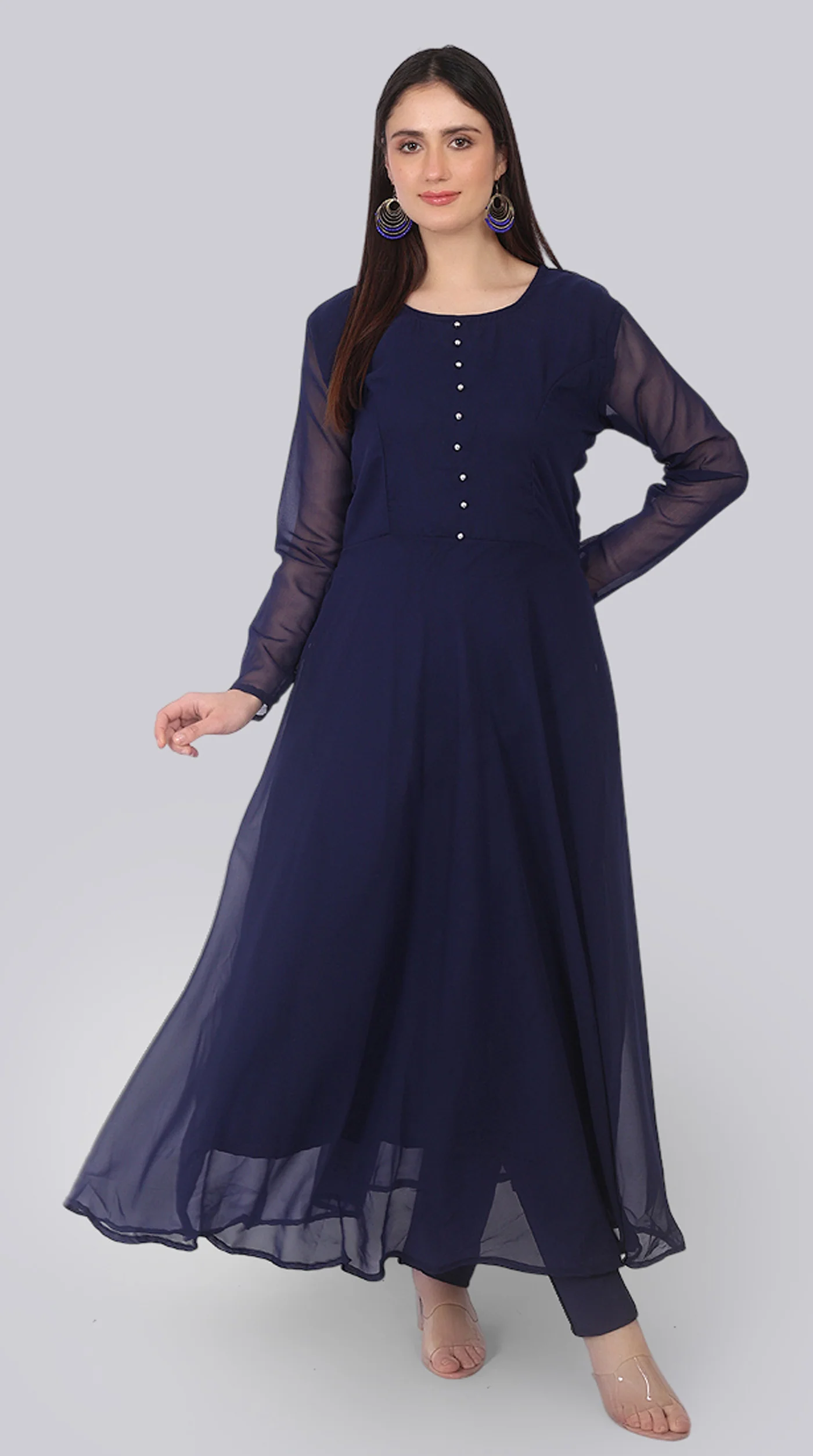 Navy Blue Georgette Bias-Cut Suit Set Velvet Dupatta - Image 6