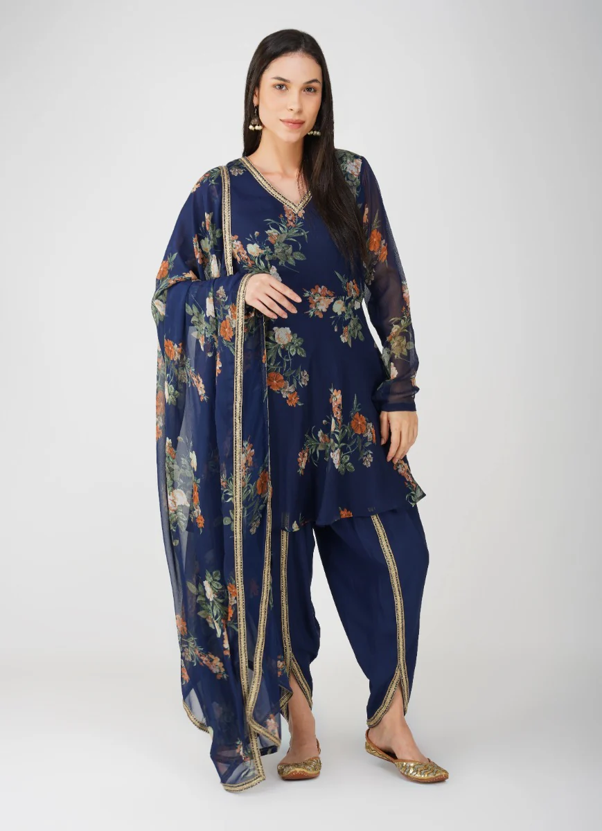 Navy Blue Georgette Peplum Suit Set - Image 3