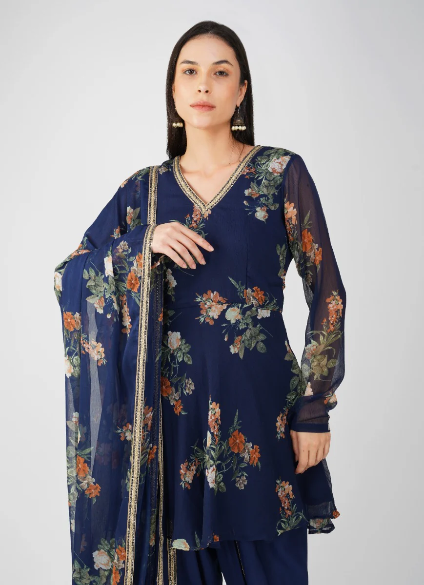 Navy Blue Georgette Peplum Suit Set - Image 4