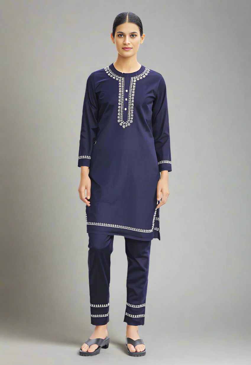 Navy Blue Linen Embroidered Co-ord Set - Image 2