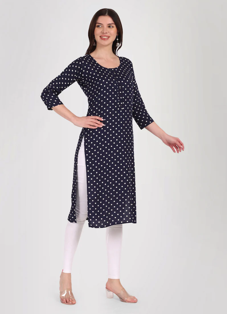 Navy Blue Polka Dot Printed Kurta - Image 3