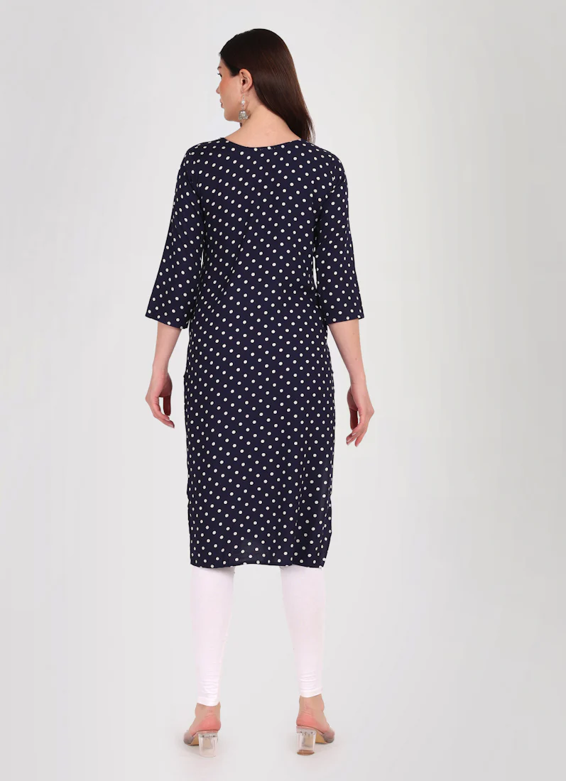 Navy Blue Polka Dot Printed Kurta - Image 4