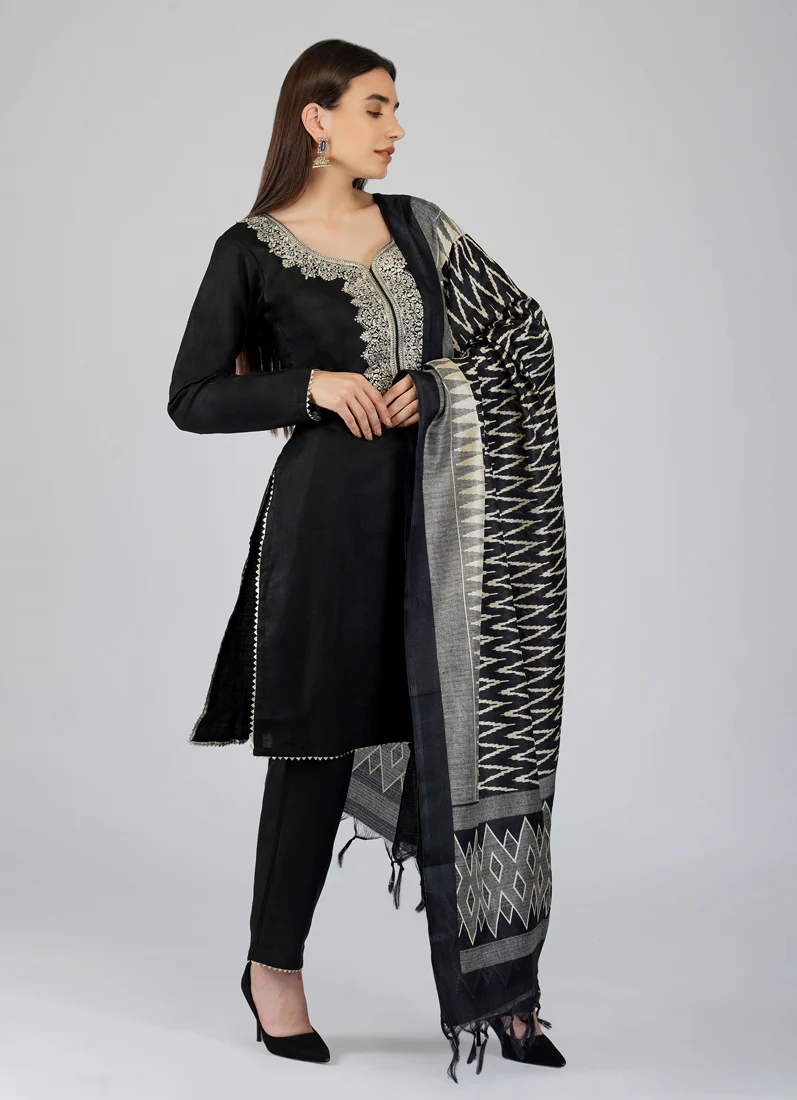 Navy Blue Printed Cotton Shift Cut Suit Set - Image 3