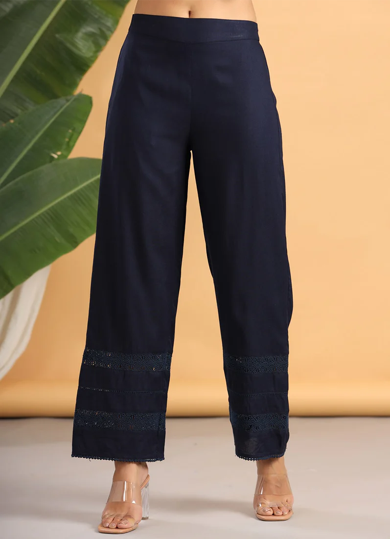 Navy Blue Rayon Lace Wide Pant - Image 2