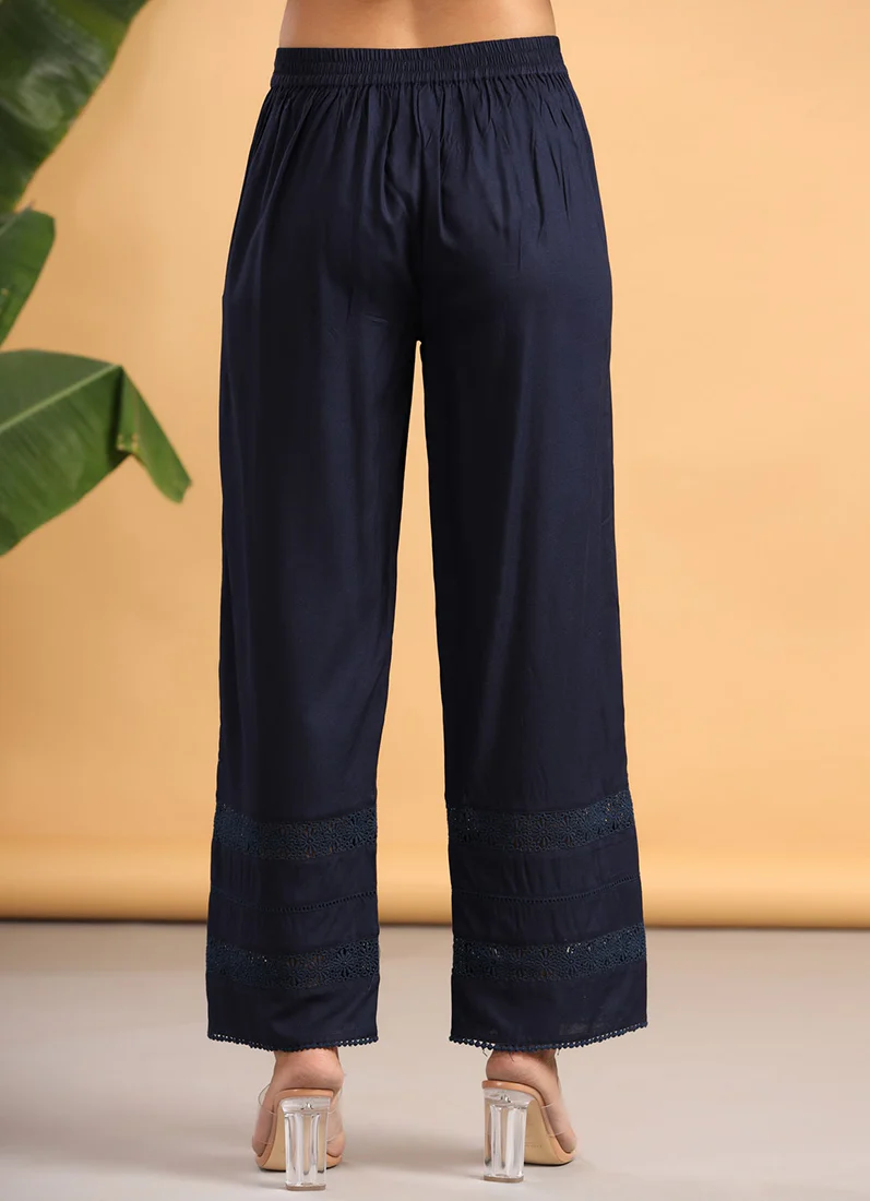 Navy Blue Rayon Lace Wide Pant - Image 3