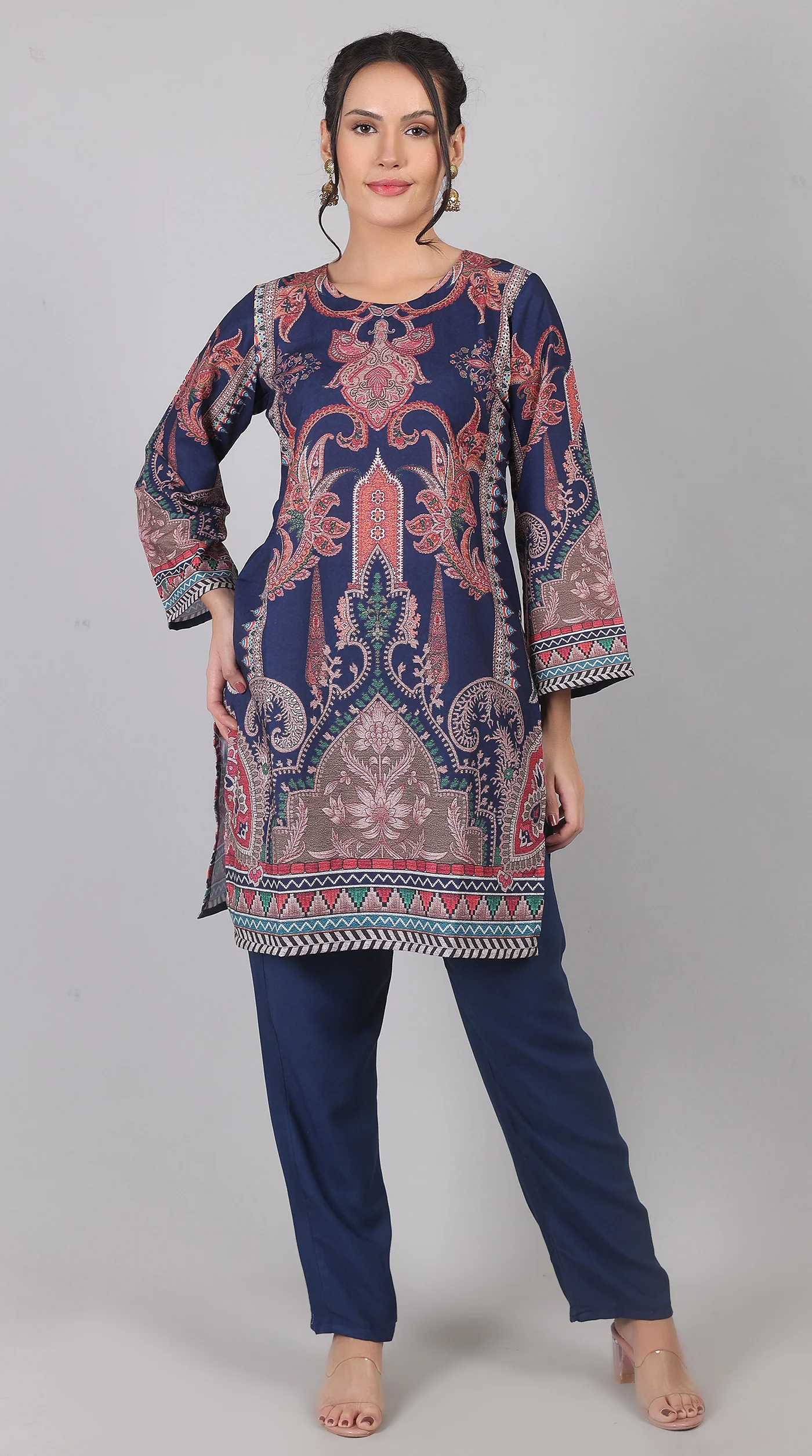 Navy Blue Rayon Printed Suit Set with Chiffon Dupatta - Image 3