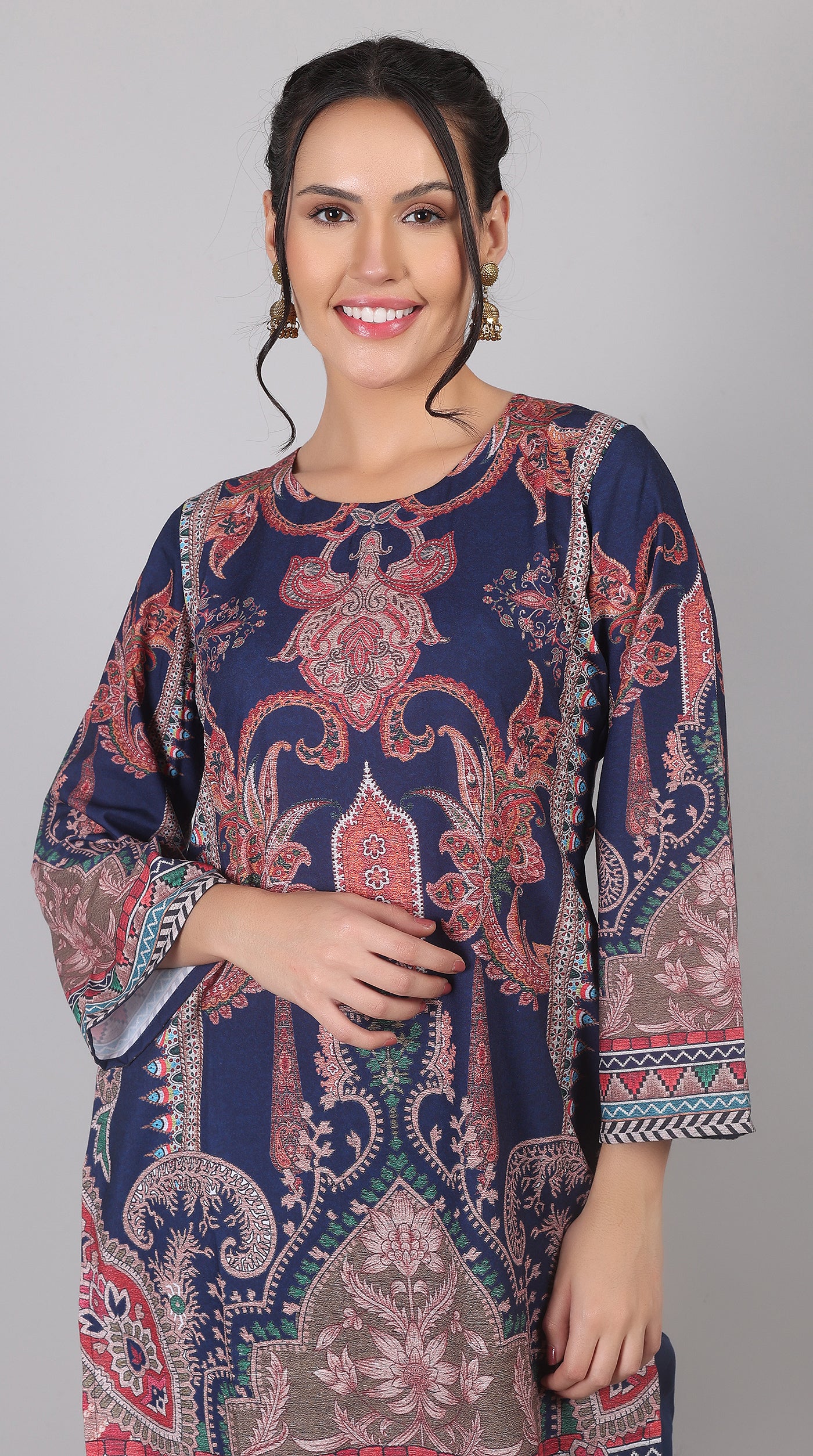 Navy Blue Rayon Printed Suit Set with Chiffon Dupatta - Image 4
