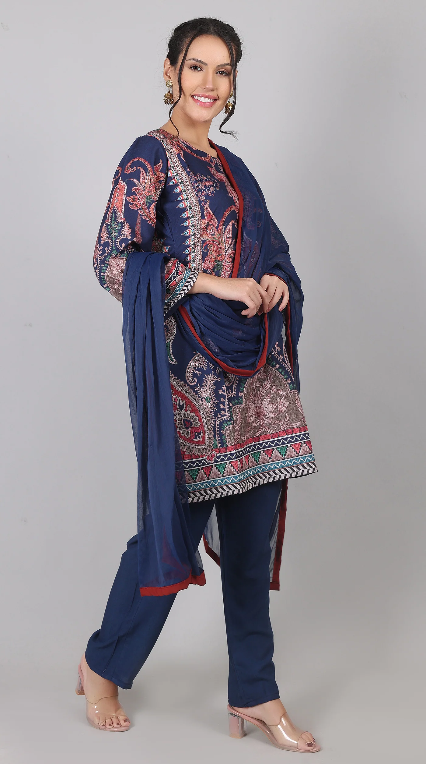 Navy Blue Rayon Printed Suit Set with Chiffon Dupatta - Image 5