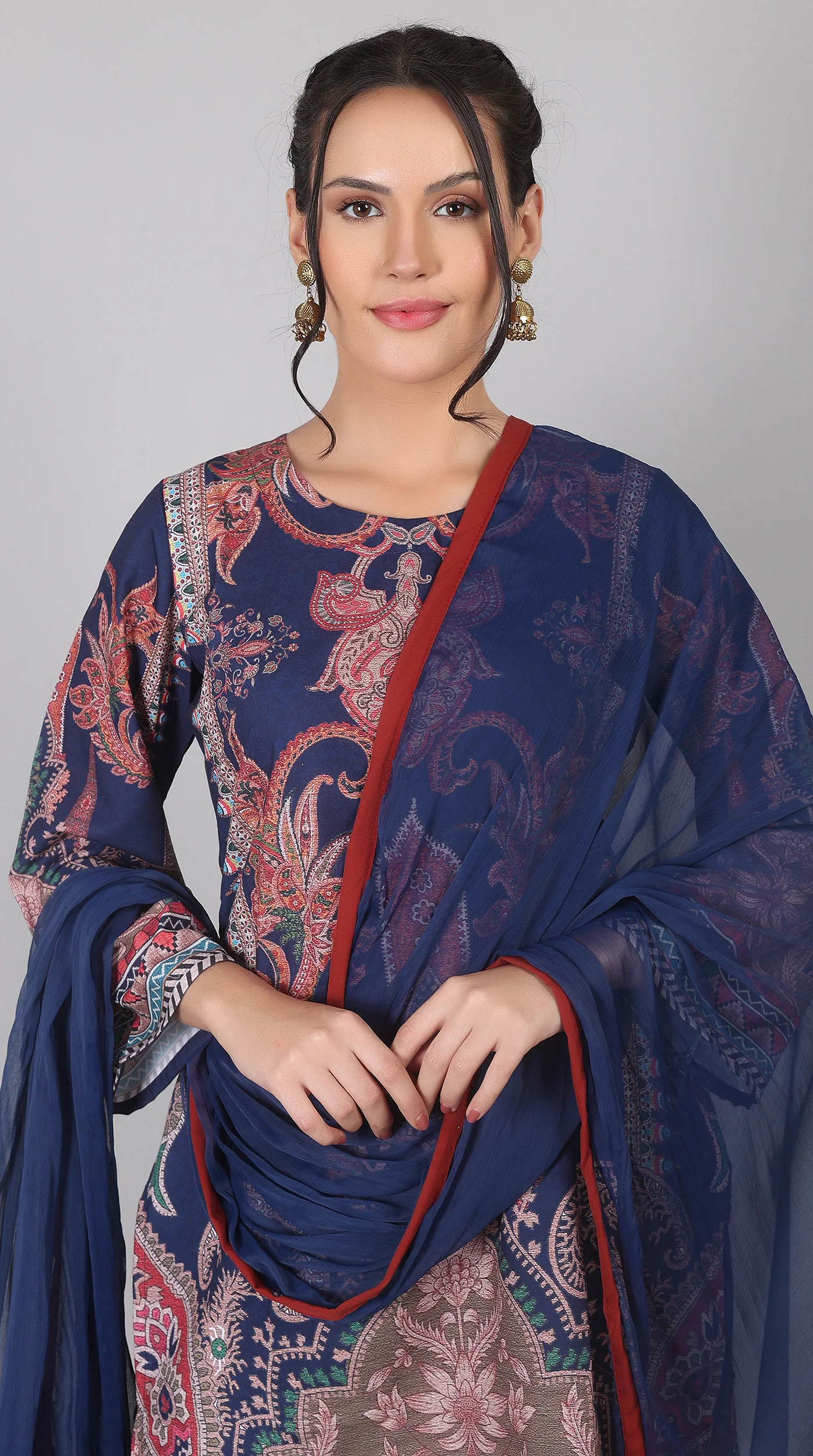 Navy Blue Rayon Printed Suit Set with Chiffon Dupatta - Image 6