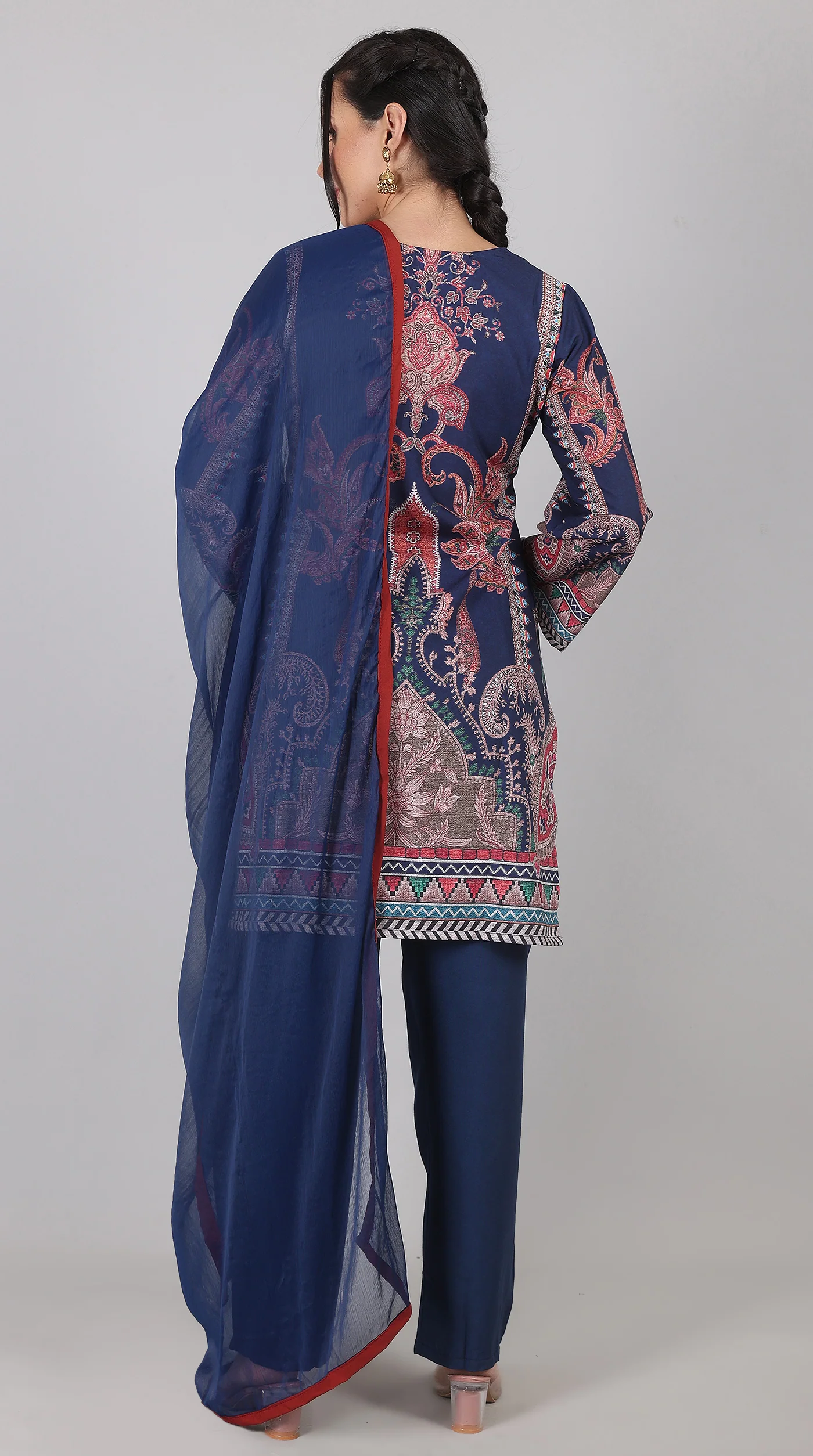 Navy Blue Rayon Printed Suit Set with Chiffon Dupatta - Image 7