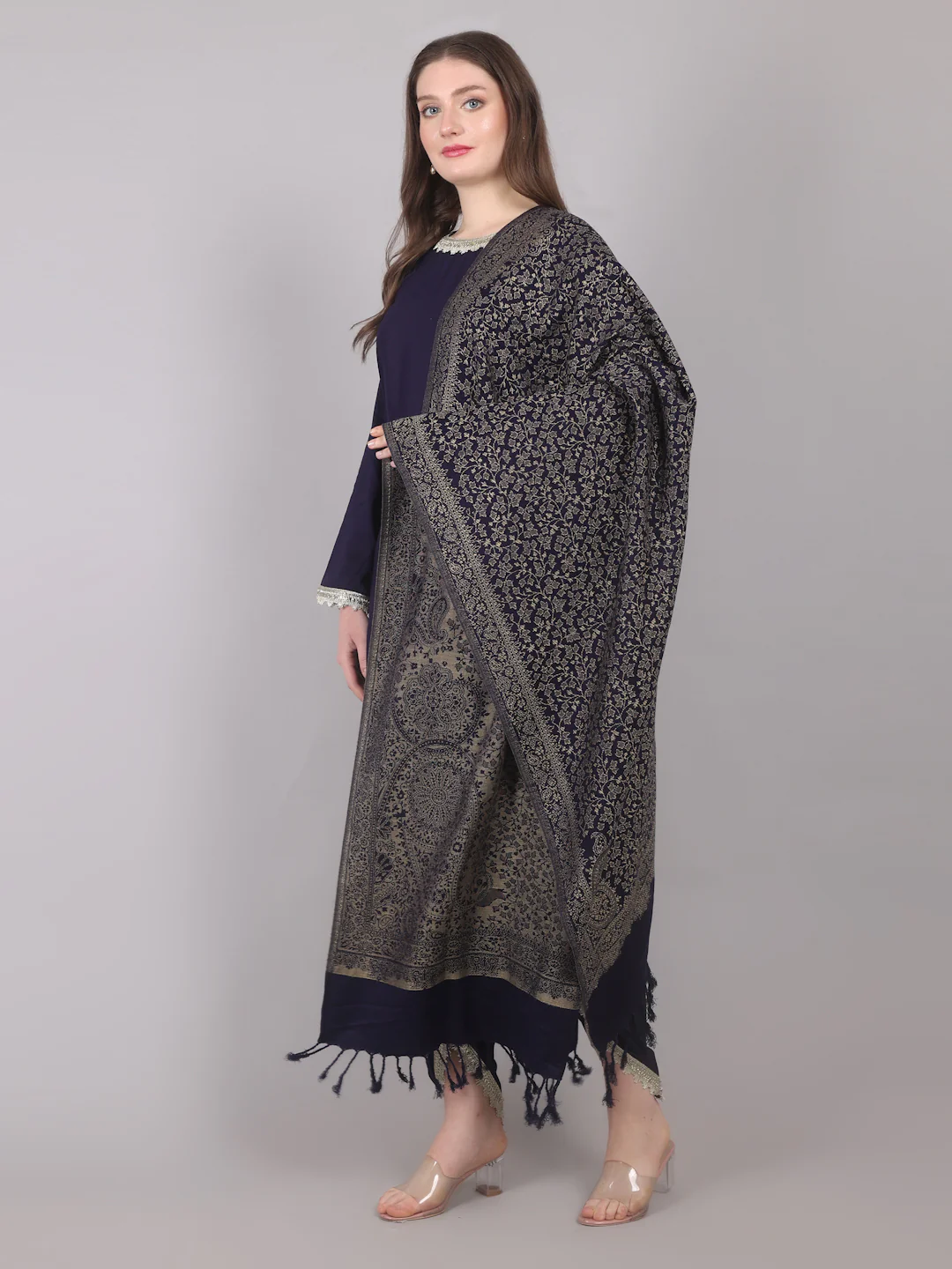 Navy Blue Rayon Shawl Suit Set - Image 3