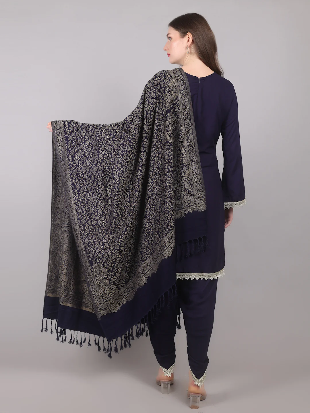 Navy Blue Rayon Shawl Suit Set - Image 4