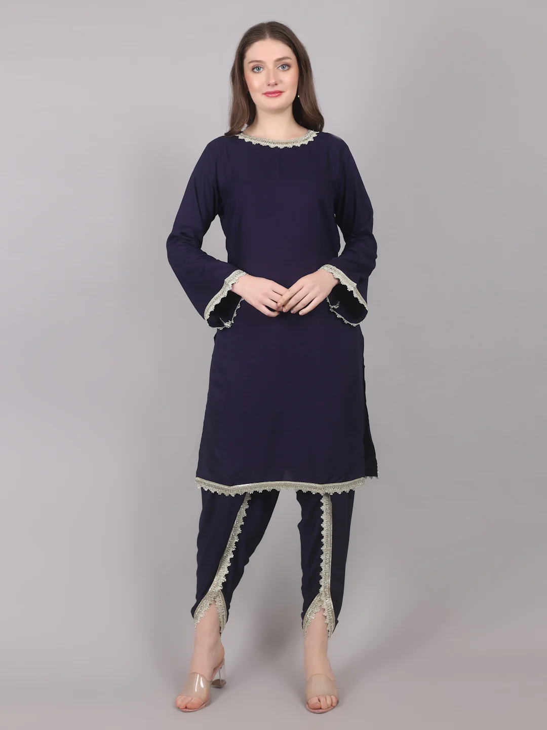 Navy Blue Rayon Shawl Suit Set - Image 5