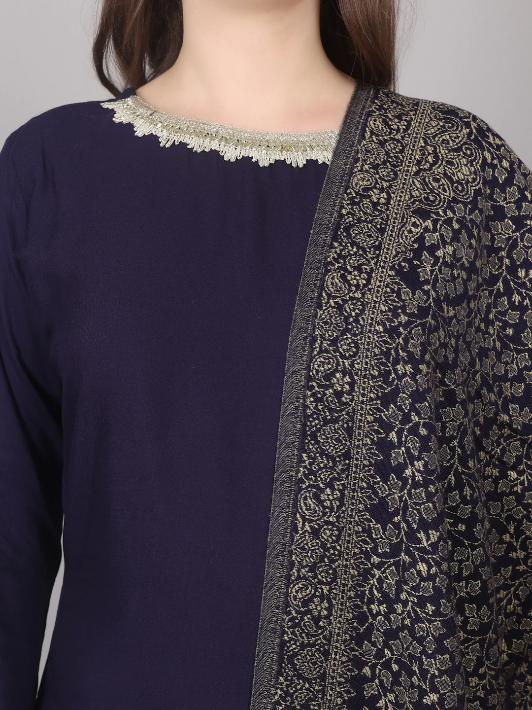 Navy Blue Rayon Shawl Suit Set - Image 6