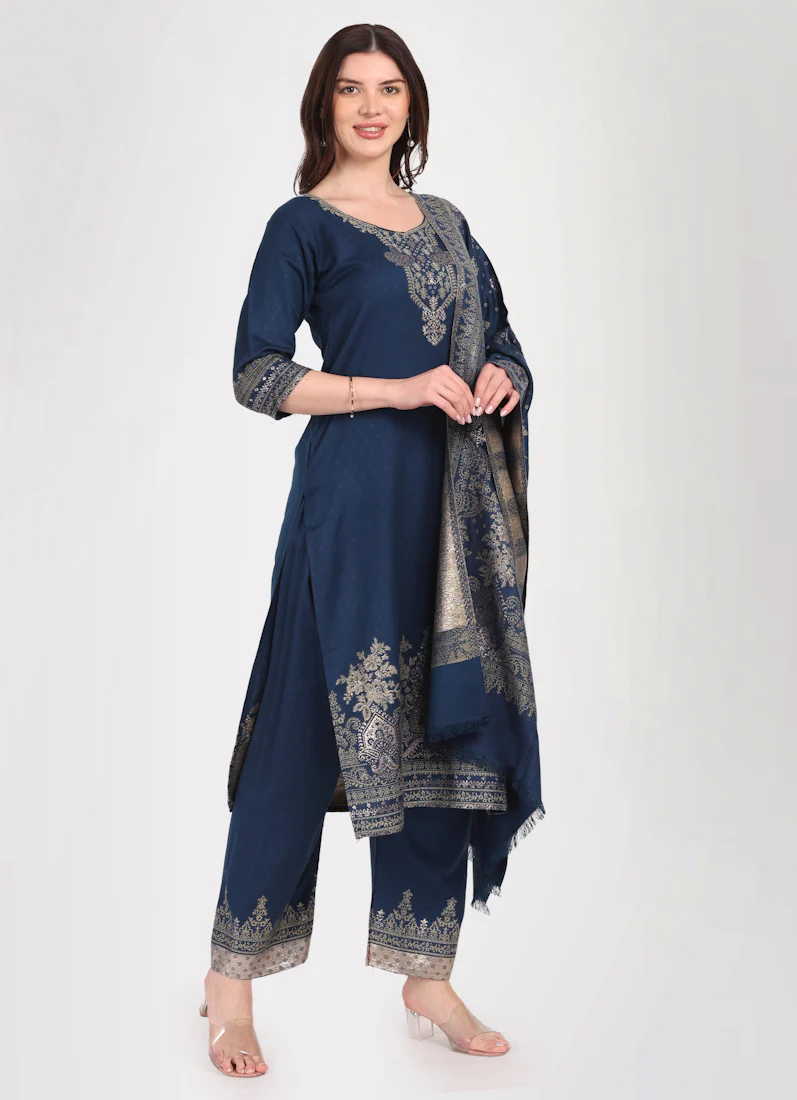 Navy Blue Shawl Straight Cut Suit Set - Image 3