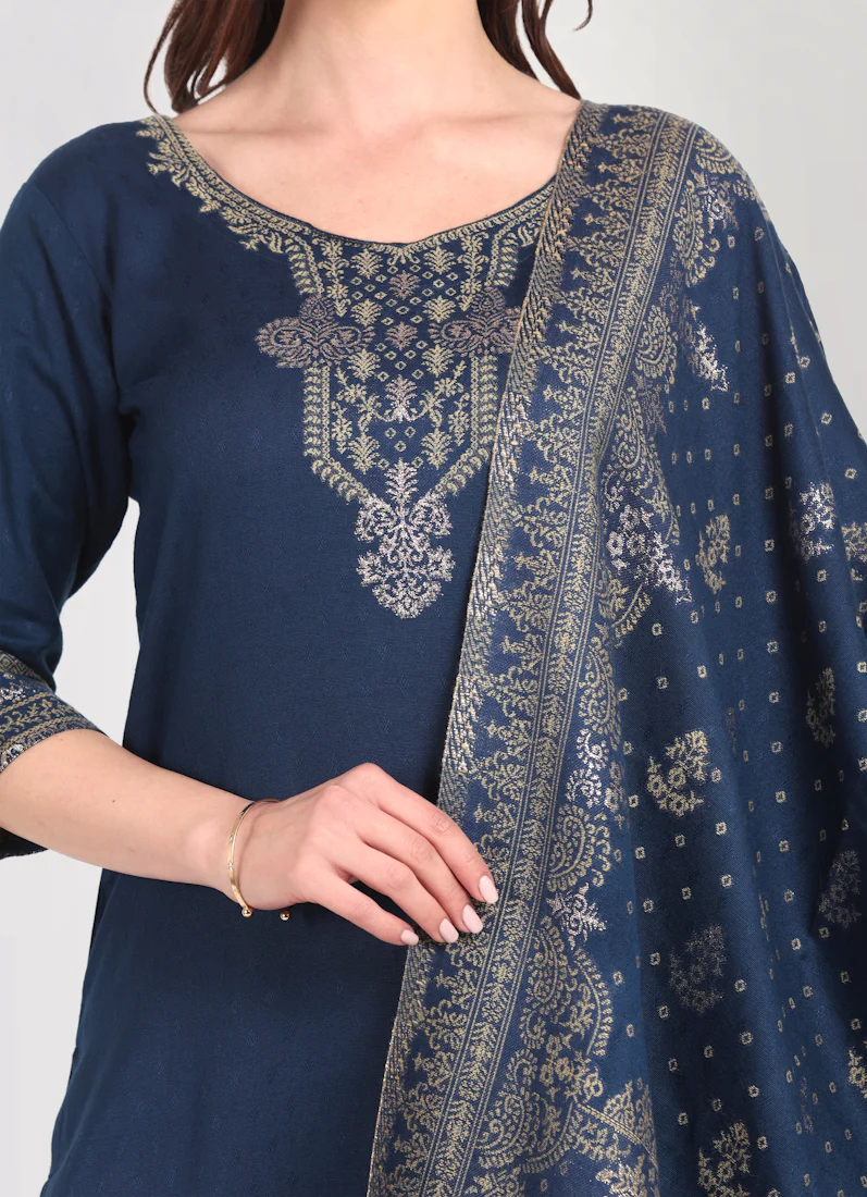 Navy Blue Shawl Straight Cut Suit Set - Image 7