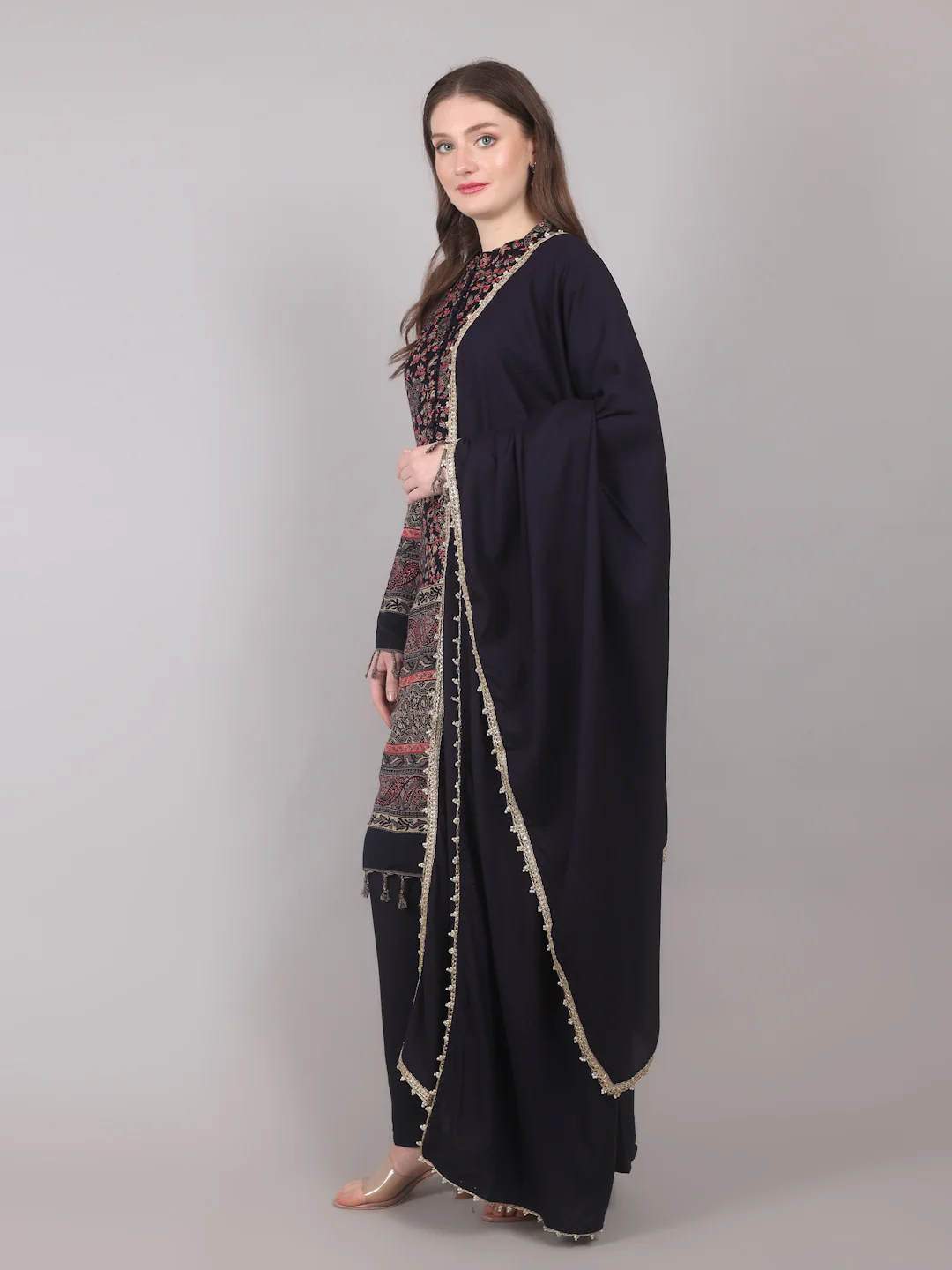 Navy Blue Shift Style Shawl Suit Set - Image 3