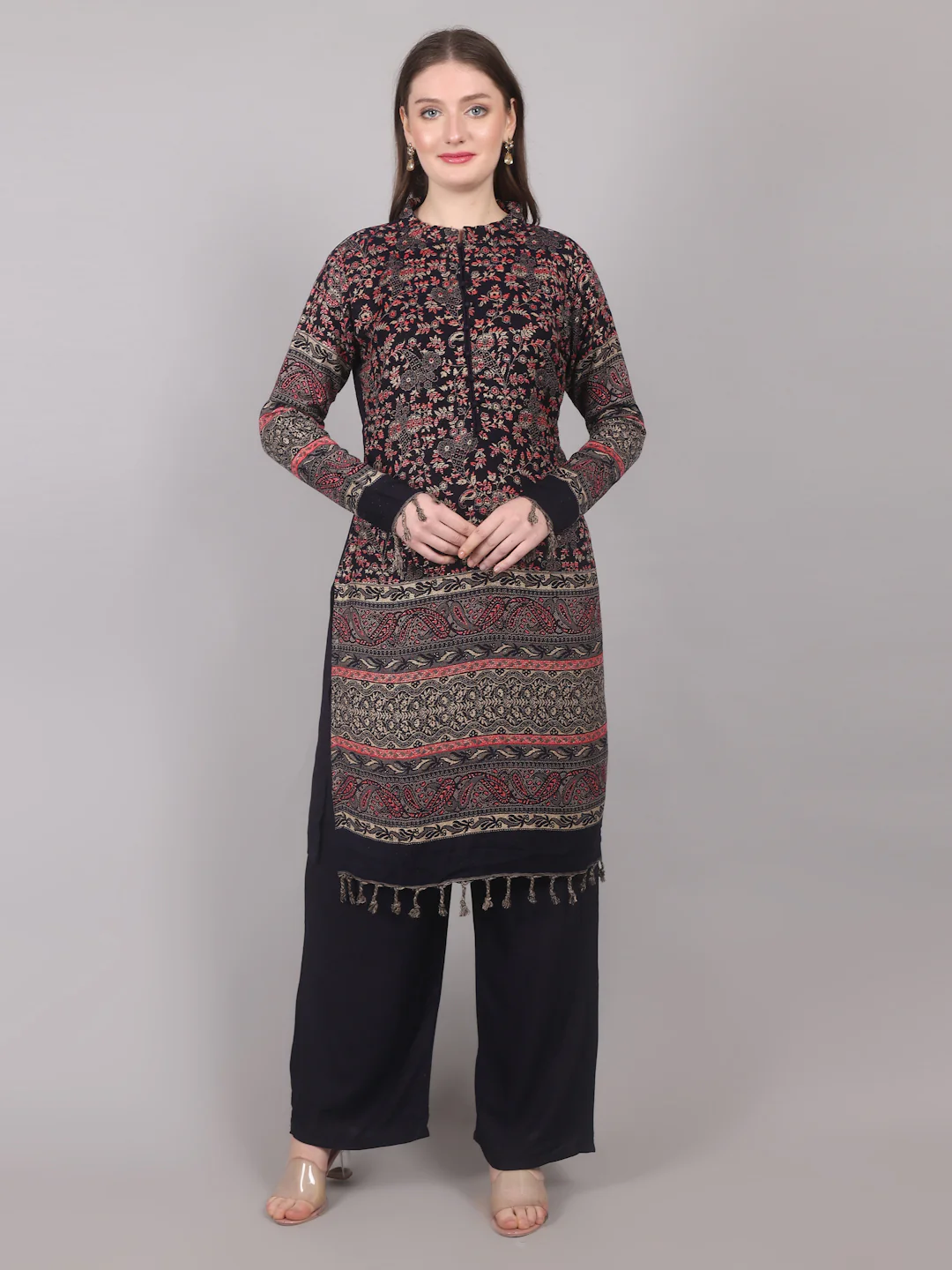 Navy Blue Shift Style Shawl Suit Set - Image 4
