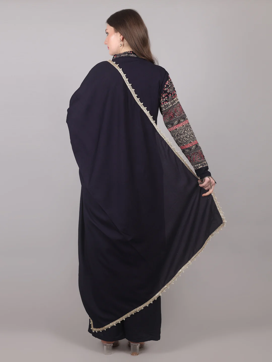 Navy Blue Shift Style Shawl Suit Set - Image 5