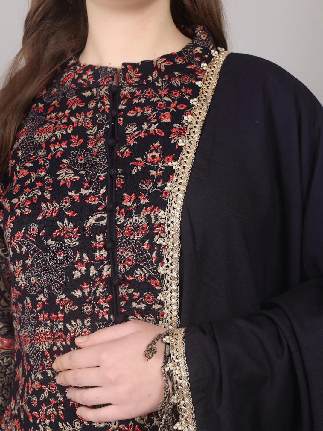 Navy Blue Shift Style Shawl Suit Set - Image 6