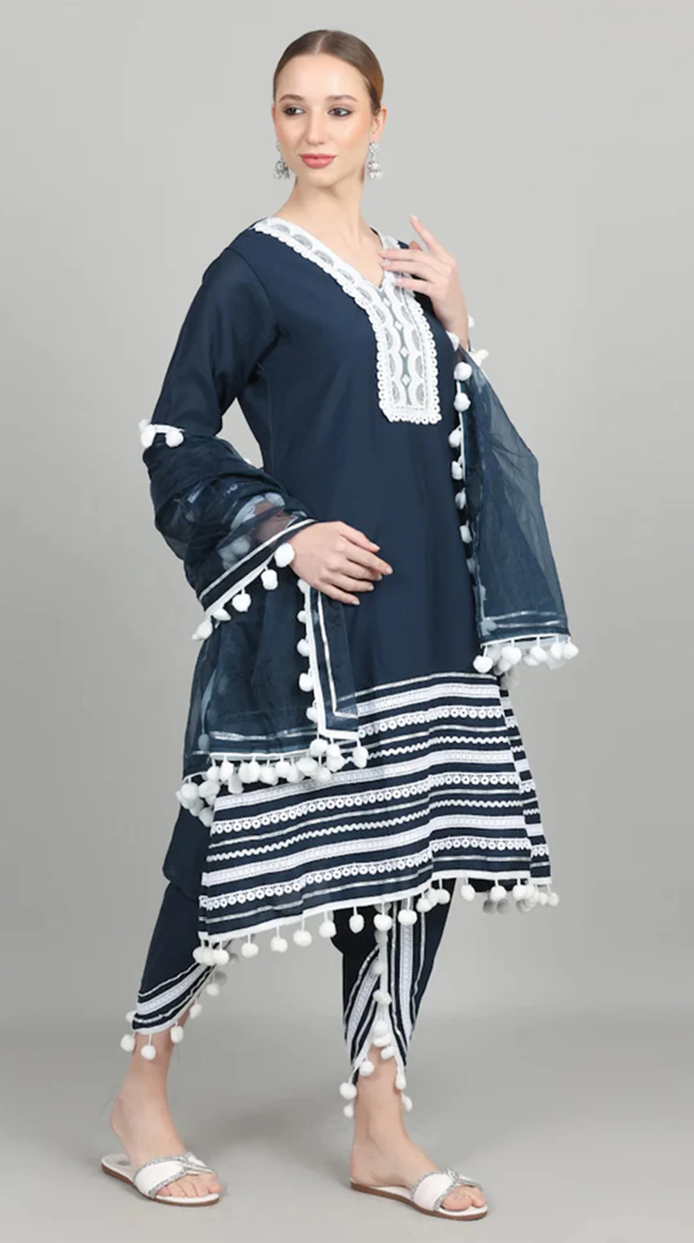 Navy Blue Silk Shift Suit Set - Image 3
