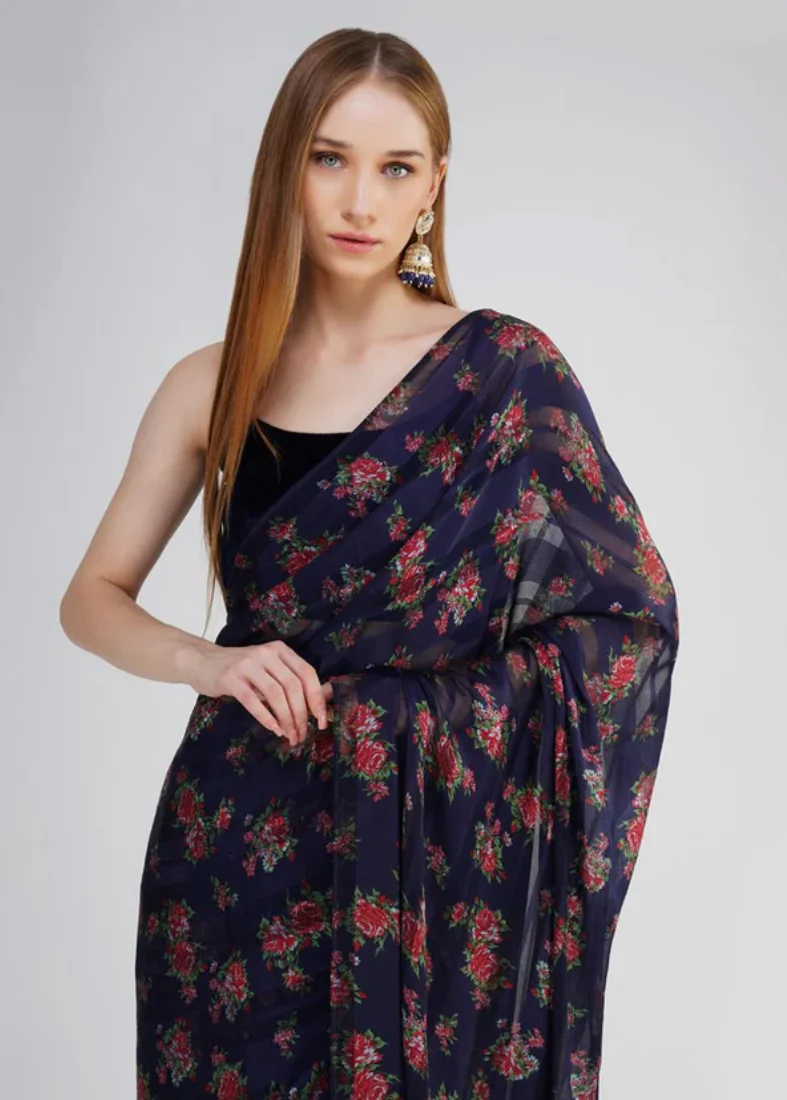 Navy Blue Velvet Blouse Saree - Image 3