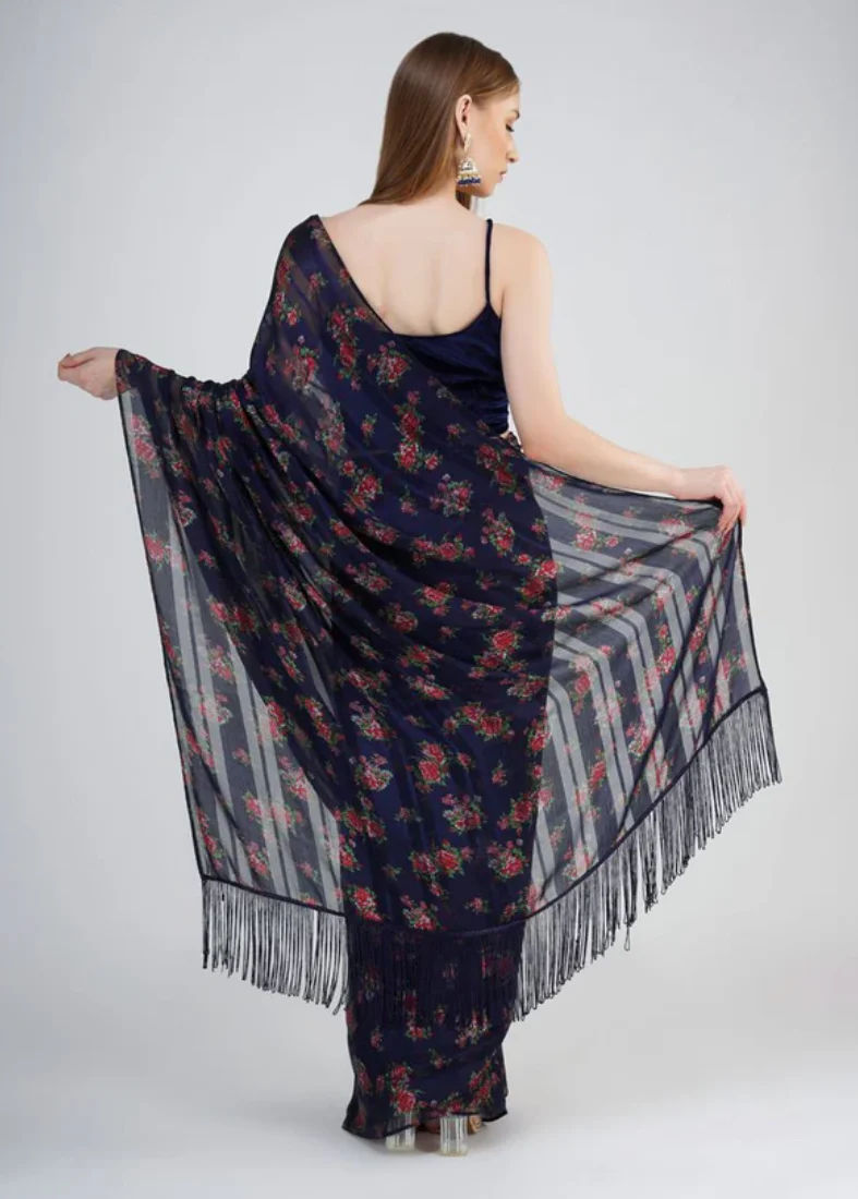 Navy Blue Velvet Blouse Saree - Image 4