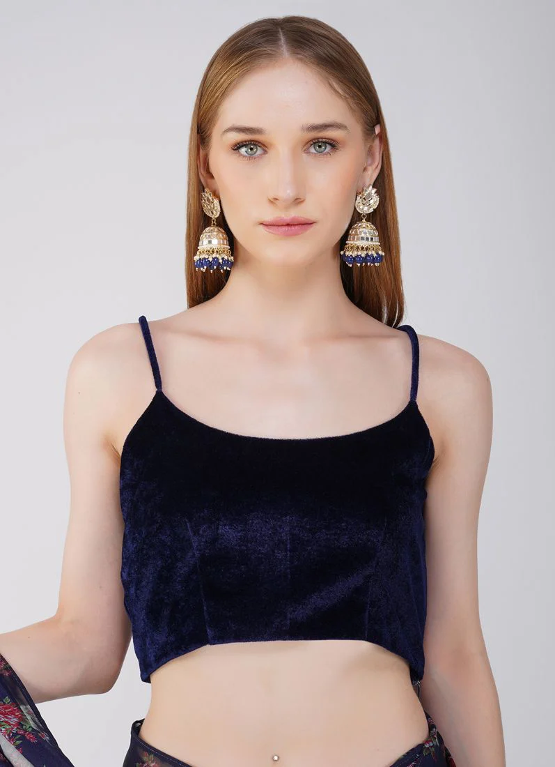 Navy Blue Velvet Blouse Saree - Image 5