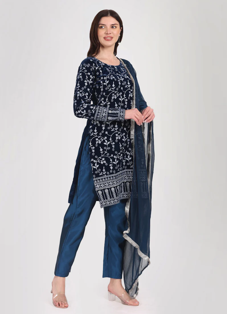 Navy Blue Velvet Embroidered Suit Set - Image 3